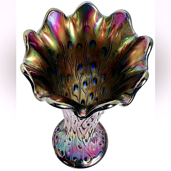 Rarest Cobalt Blue Glass Peacock Design 9 Finger Carnival vase Stunning - Picture 12 of 12